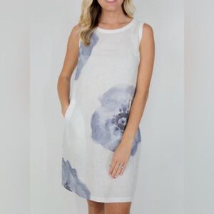 iLinen Linen Dress Watercolor Blue Flower, Medium, Chic Elegant Beach Classy